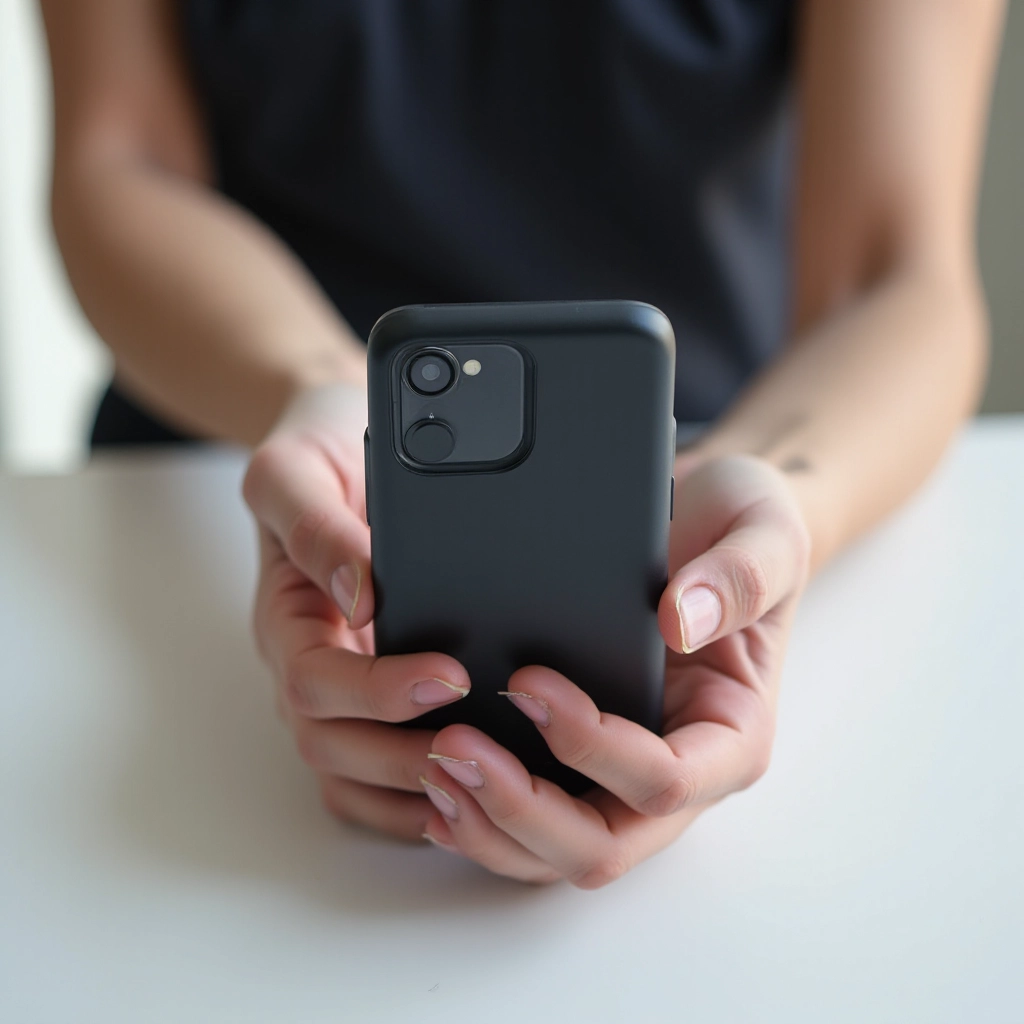 Hands holding aluminum bumper case in natural light showing the finish quality and patina development on black anodized surface, demonstrating real-world use