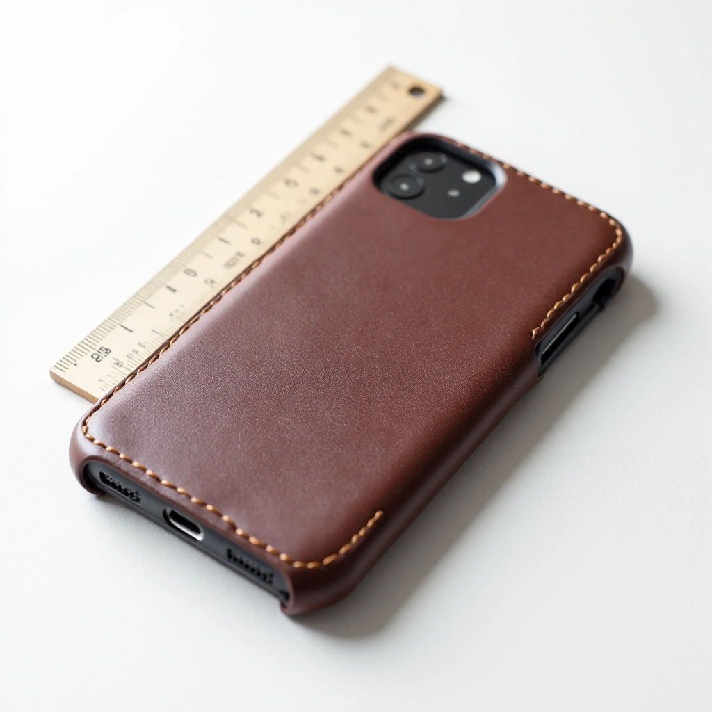 Leather phone case laid flat on white surface showing dimensions with ruler markings, side profile revealing slim thickness and stitched edges, natural lighting