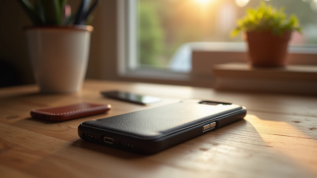 Protective phone cases displayed on wooden desk with morning light, showing leather and aluminum options, sharp focus studio photography