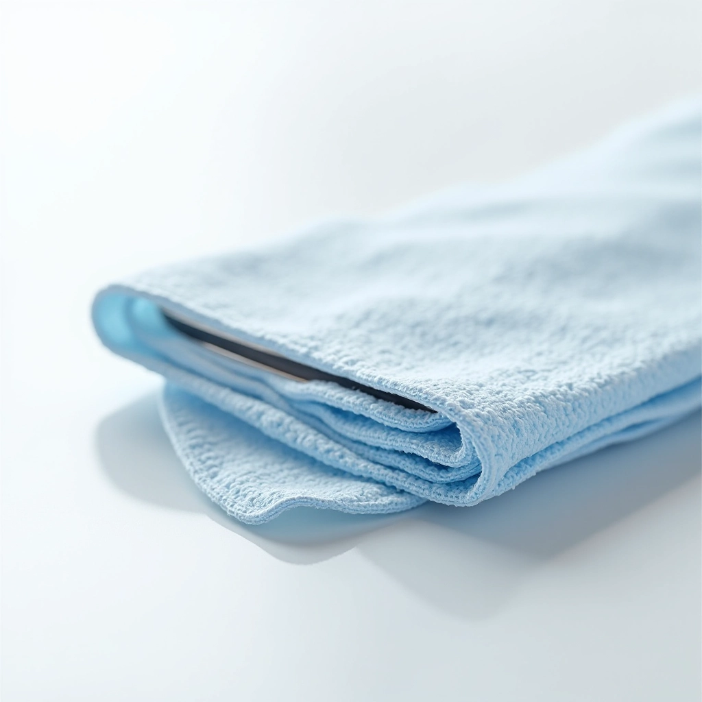 Microfiber cloth cleaning tempered glass protector surface, gentle cleaning method, close-up detail